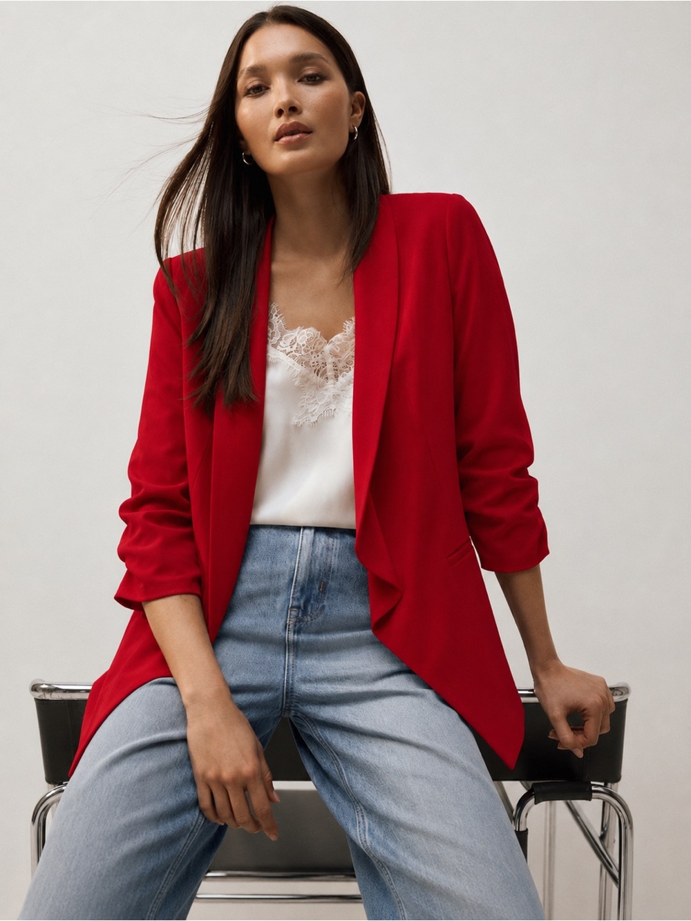 MINE Red Draped Open Front Blazer Jacket Small Ruched Sleeve Career Party